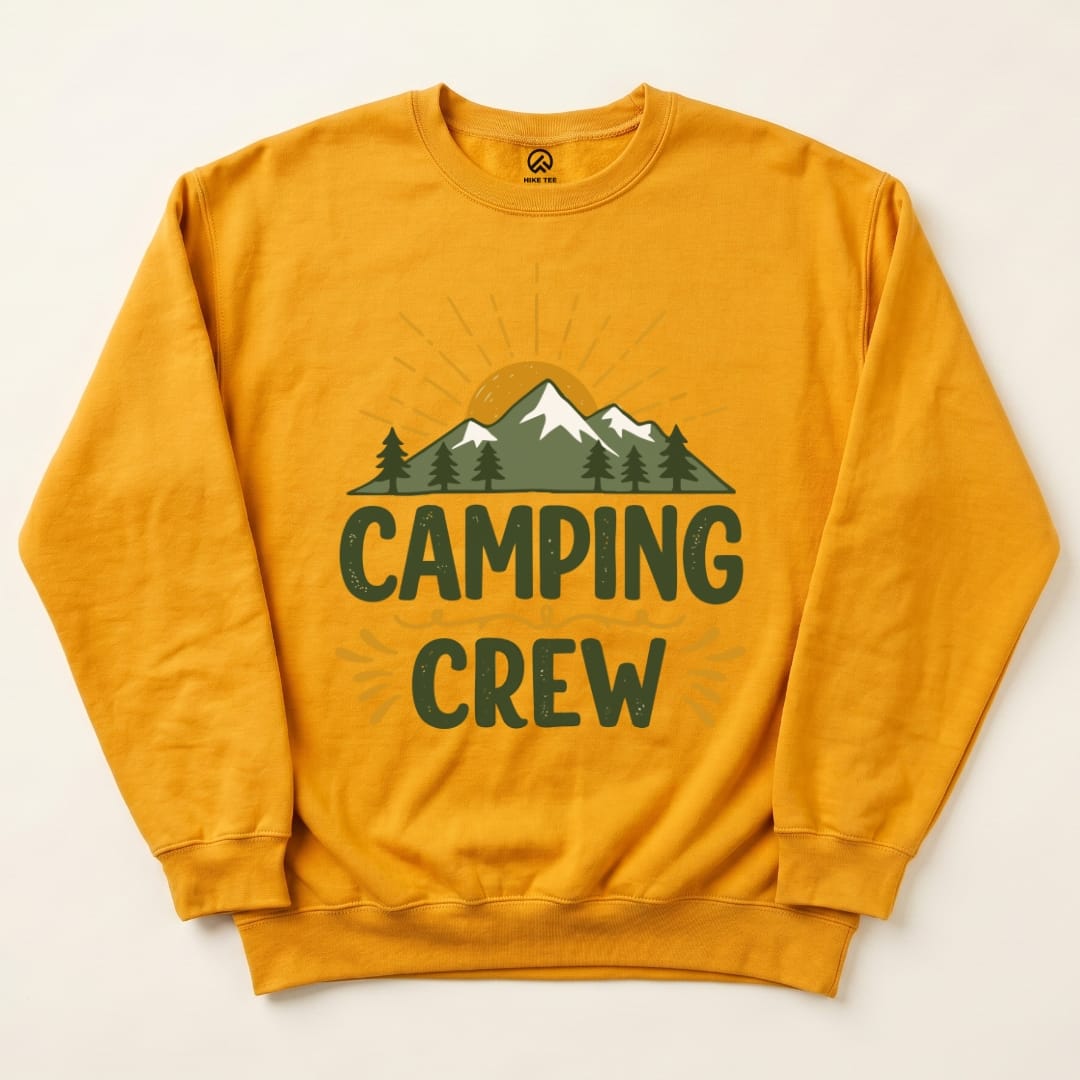 A vibrant yellow "Camping Crew Sweatshirt" featuring a graphic of mountains, trees, and the slogan "CAMPING CREW" printed prominently.