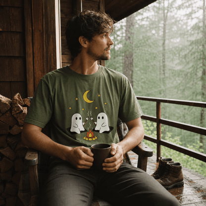 A man sits on a wooden chair in a cabin, wearing a Camping Ghosts Shirt featuring two friendly ghosts around a campfire.