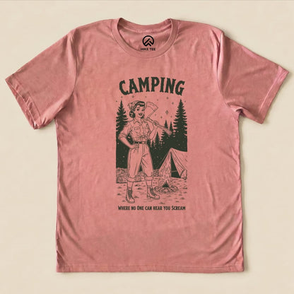 A graphic t-shirt featuring a vintage-style illustration of a camper holding an axe, with the text "Camping No One Hear Shirt" and a slogan below.