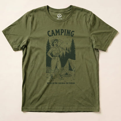 A graphic t-shirt in olive green featuring the text "Camping" and the slogan "Where no one can hear you scream," with a camp scene illustration.