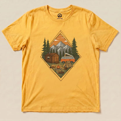 Graphic t-shirt featuring a Camping Scenery Shirt design, showcasing a campsite with mountains, a cabin, and a vintage camper van.
