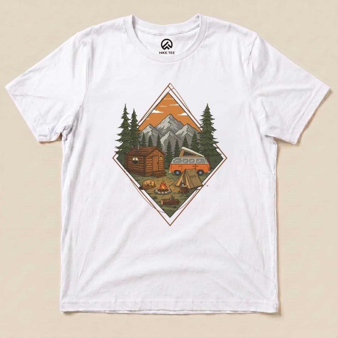 A Camping Scenery Shirt featuring a detailed graphic of a cozy cabin, campfire, and tent set against scenic mountains and trees.
