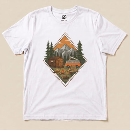 A Camping Scenery Shirt featuring a detailed graphic of a cozy cabin, campfire, and tent set against scenic mountains and trees.