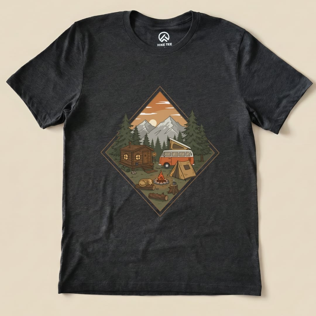 The graphic t-shirt features a "Camping Vibes Shirt" design illustrating a serene campsite with a cabin, vintage camper, and campfire.