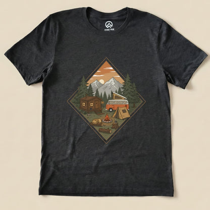 The graphic t-shirt features a "Camping Vibes Shirt" design illustrating a serene campsite with a cabin, vintage camper, and campfire.
