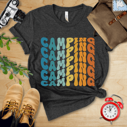 Printify T-Shirt Dark Grey Heather / S Camping Vintage Wavy Text Shirt