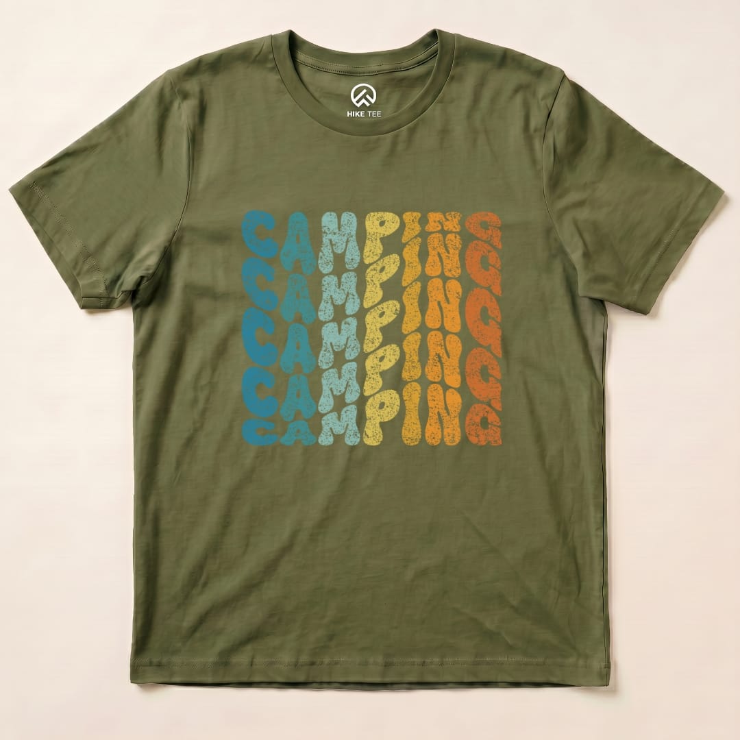 Camping Vintage Wavy Text Shirt Hike Tee T-Shirt Military Green / S