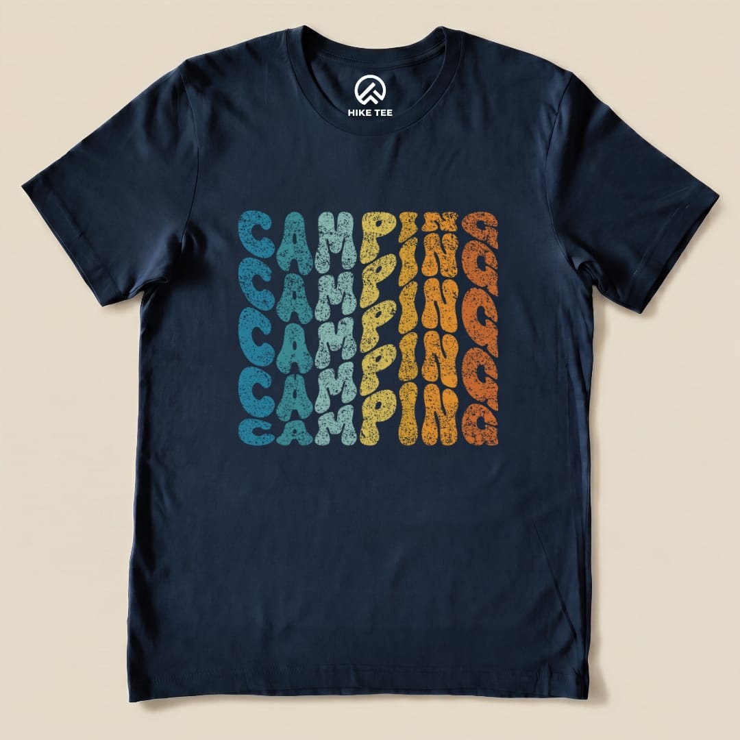 Camping Vintage Wavy Text Shirt Hike Tee T-Shirt Navy / S