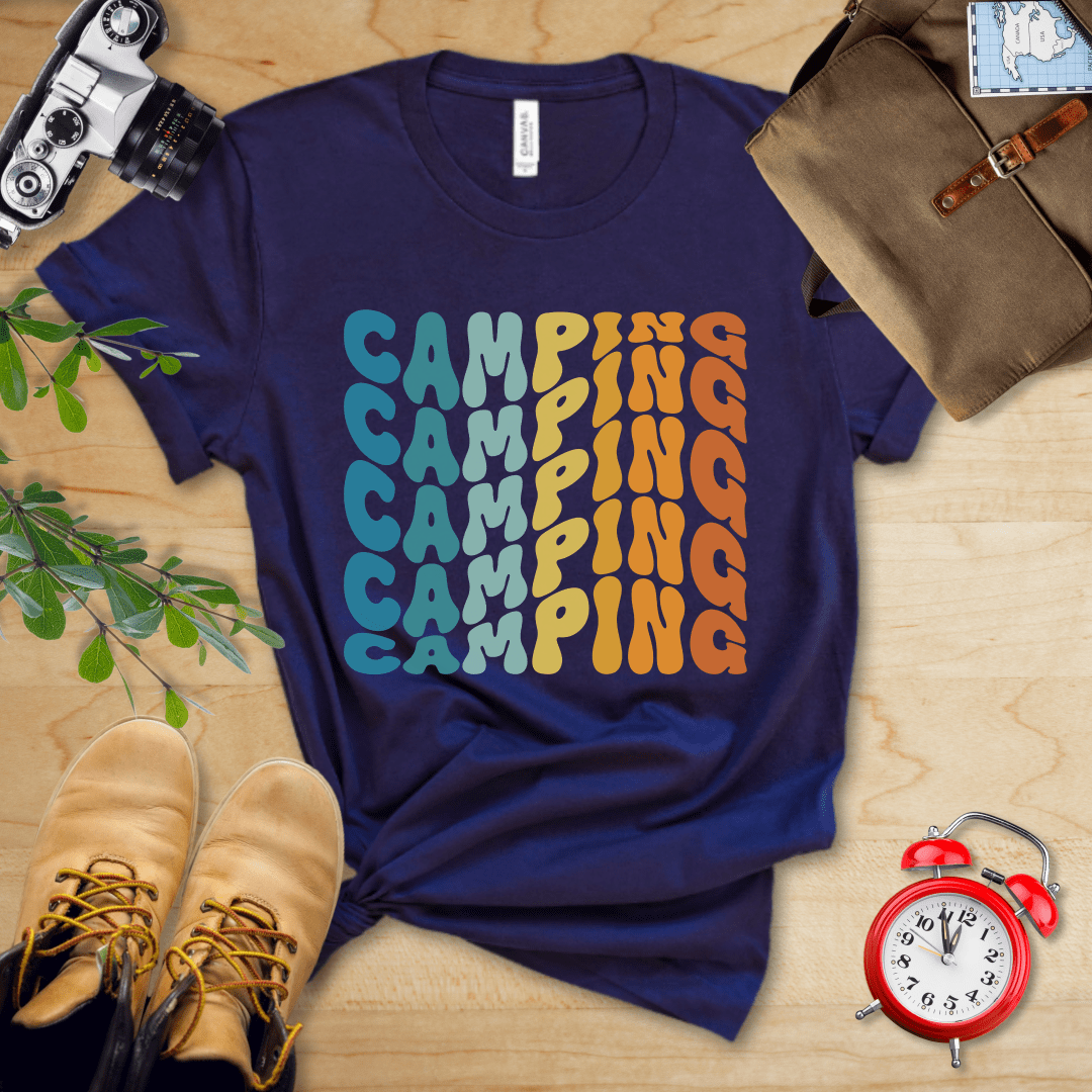 Printify T-Shirt Navy / S Camping Vintage Wavy Text Shirt