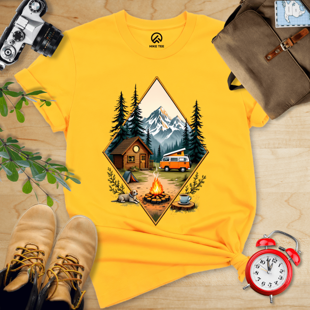 Hike Tee T-Shirt Gold / S Camping with Campfire Shirt