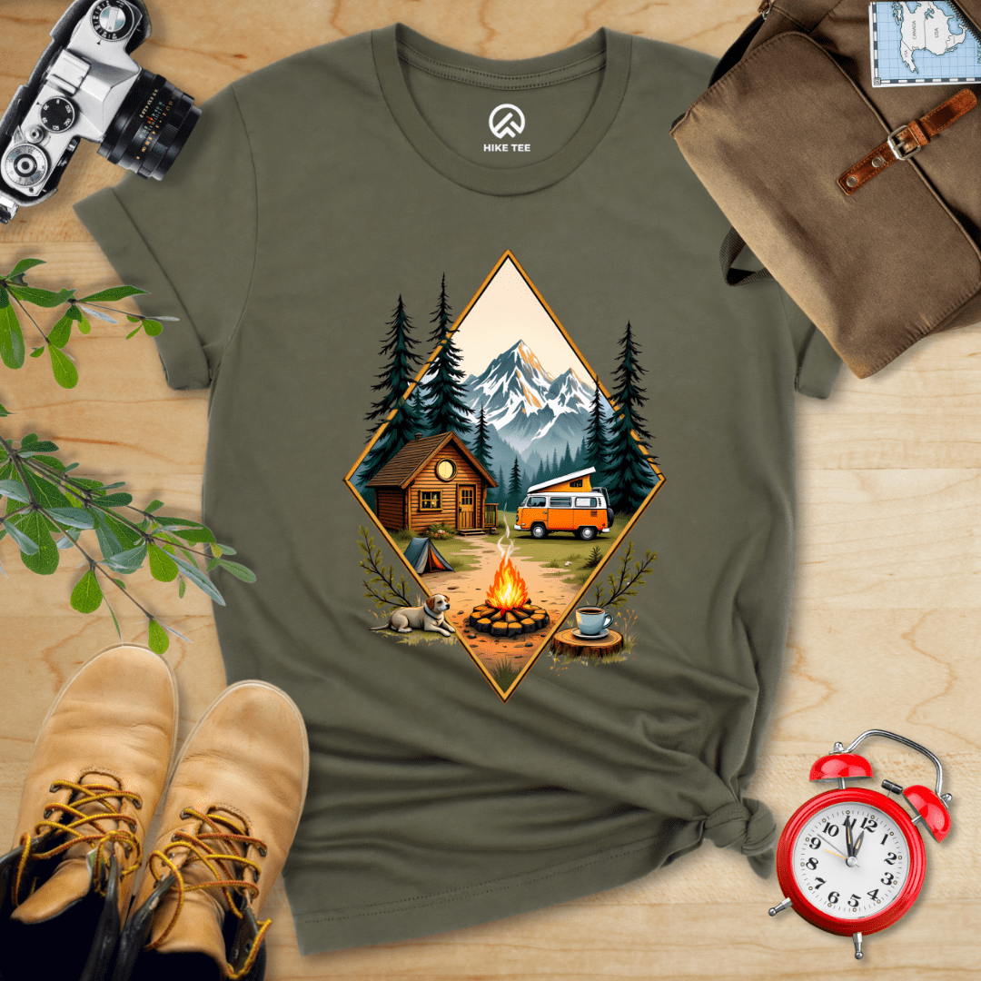 Hike Tee T-Shirt Military Green / S Camping with Campfire Shirt