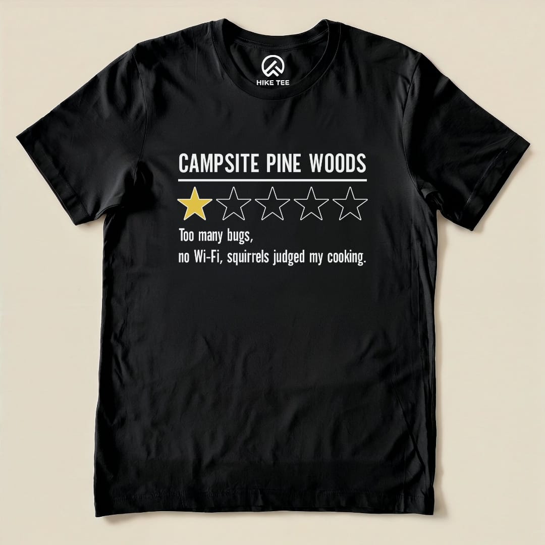 Campsite Pine Woods Review Shirt Hike Tee T-Shirt Black / S