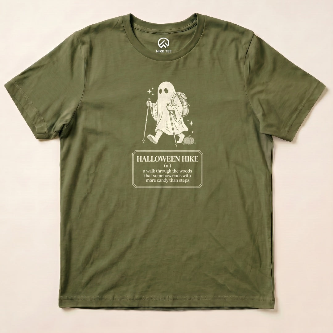 Military Green Halloween Hike Definition Shirt with a ghost hiker with a walking stick and a Halloween hike definition graphic