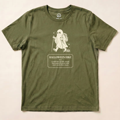 Military Green Halloween Hike Definition Shirt with a ghost hiker with a walking stick and a Halloween hike definition graphic