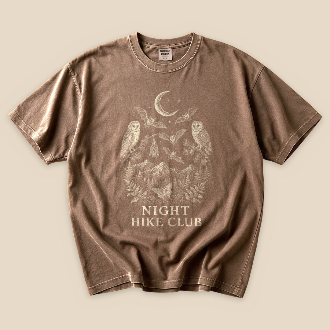 Espresso Night Hike Club Engraved T-Shirt with an engraved owls, bats and night mountains graphic