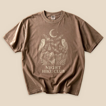 Espresso Night Hike Club Engraved T-Shirt with an engraved owls, bats and night mountains graphic