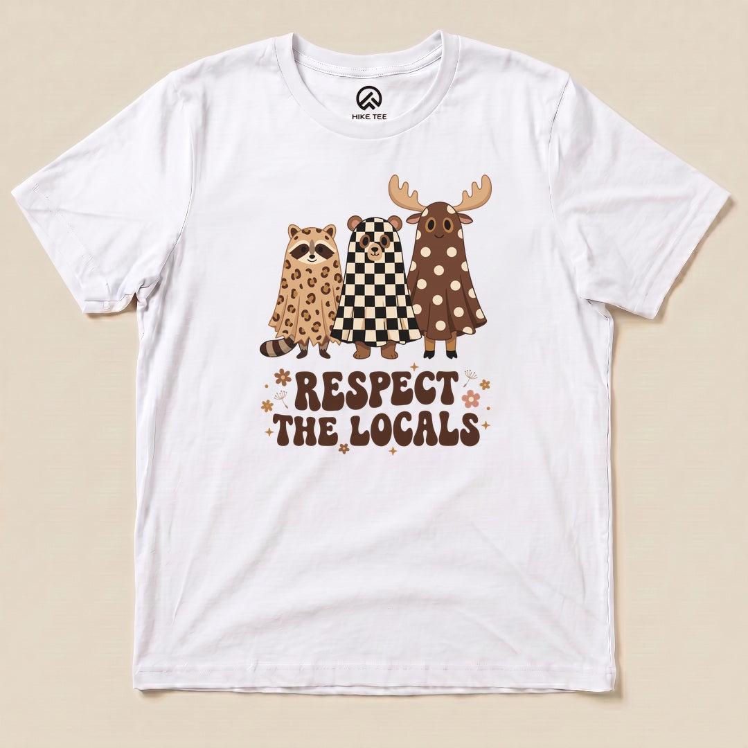 White Respect the Locals Ghosts Shirt with a trio of raccoon and moose ghosts in retro patterns graphic