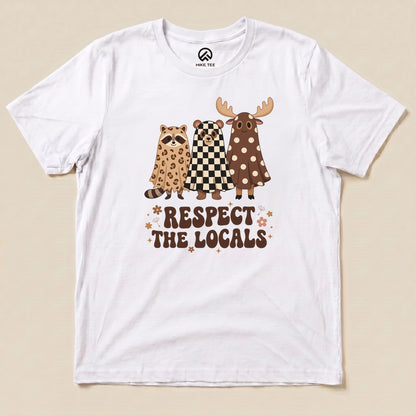 White Respect the Locals Ghosts Shirt with a trio of raccoon and moose ghosts in retro patterns graphic