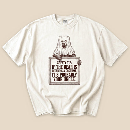 Ivory Bear Safety Tip T-Shirt with a bear in a ghost costume and a funny safety tip graphic