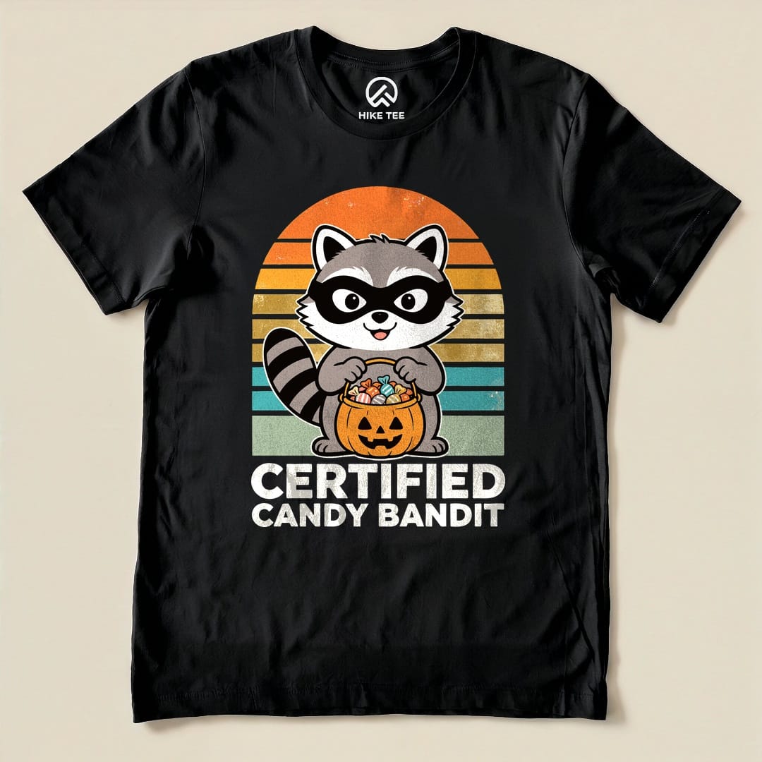 Black Certified Candy Bandit Shirt with a masked raccoon holding a pumpkin candy bucket graphic