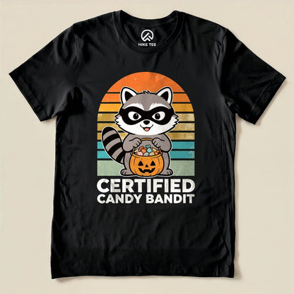 Black Certified Candy Bandit Shirt with a masked raccoon holding a pumpkin candy bucket graphic