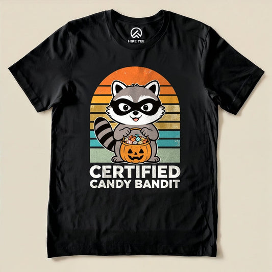 Black Certified Candy Bandit Shirt with a masked raccoon holding a pumpkin candy bucket graphic