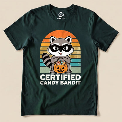 Forest Certified Candy Bandit Shirt with a masked raccoon holding a pumpkin candy bucket graphic