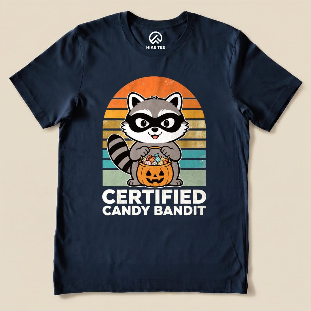 Navy Certified Candy Bandit Shirt with a masked raccoon holding a pumpkin candy bucket graphic