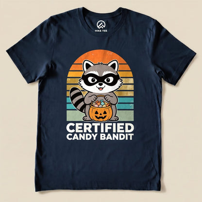 Navy Certified Candy Bandit Shirt with a masked raccoon holding a pumpkin candy bucket graphic