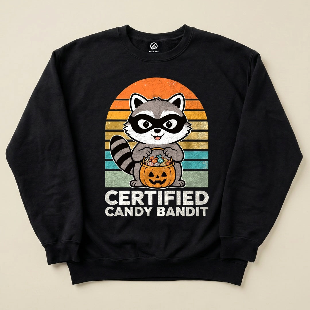 Black Certified Candy Bandit Sweatshirt with a masked raccoon holding a pumpkin candy bucket graphic