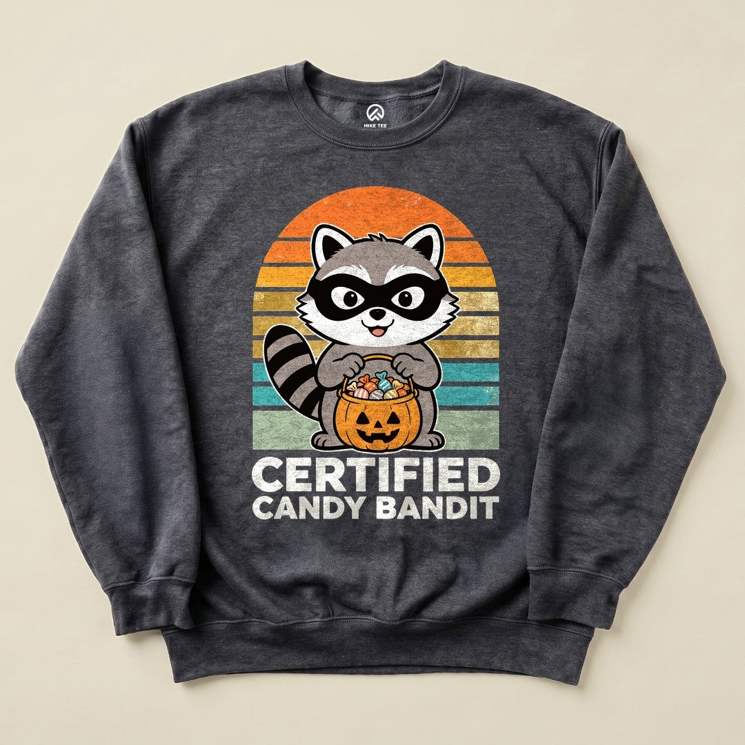 Dark Heather Certified Candy Bandit Sweatshirt with a masked raccoon holding a pumpkin candy bucket graphic