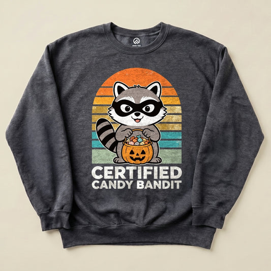Dark Heather Certified Candy Bandit Sweatshirt with a masked raccoon holding a pumpkin candy bucket graphic