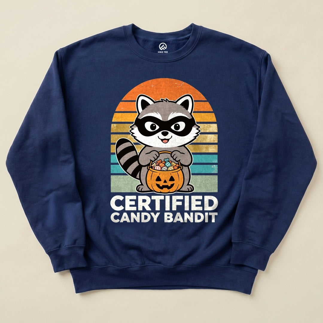 Navy Certified Candy Bandit Sweatshirt with a masked raccoon holding a pumpkin candy bucket graphic