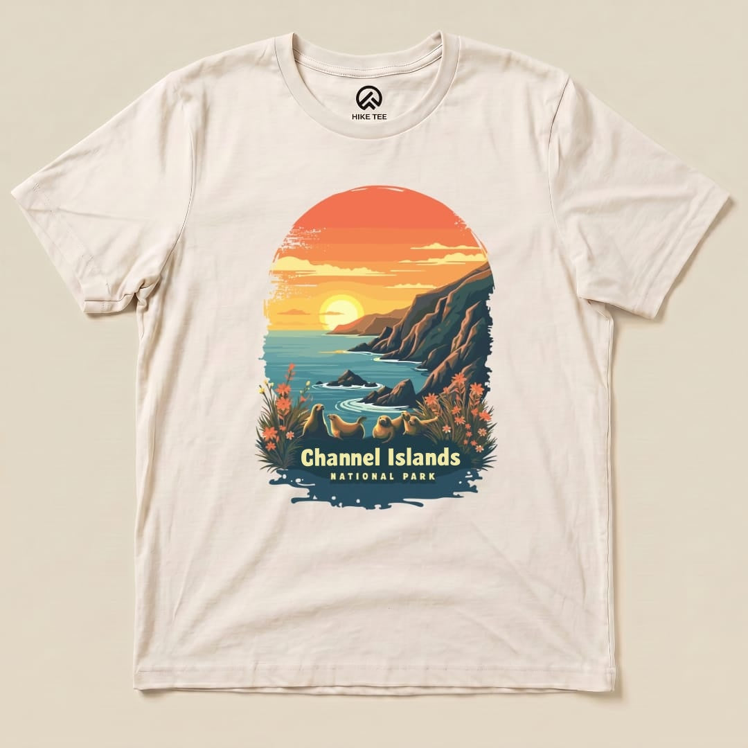 A graphic t-shirt featuring a colorful sunset over the coastline with the words "Channel Islands National Park" prominently displayed.