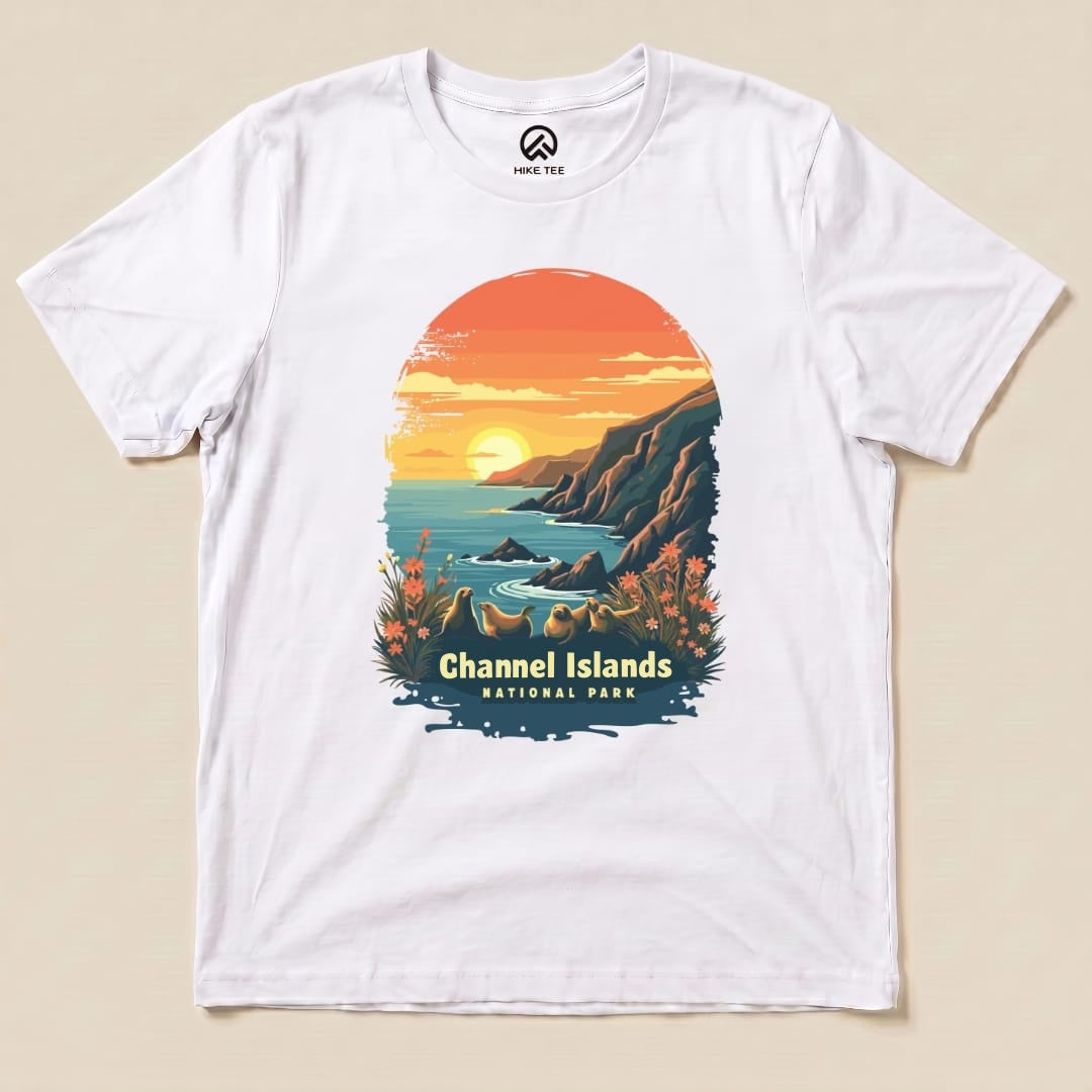 A graphic t-shirt featuring a colorful sunset over the ocean with the text "Channel Islands National Park" at the bottom.