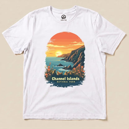 A graphic t-shirt featuring a colorful sunset over the ocean with the text "Channel Islands National Park" at the bottom.