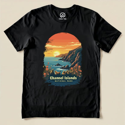 A graphic t-shirt featuring the "Channel Islands National Park Shirt" design with a sunset over the coastline and flowers.
