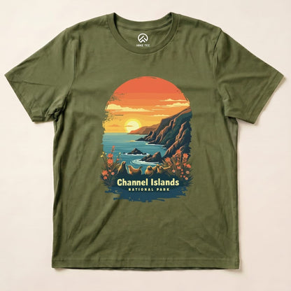 A graphic t-shirt featuring a sunset over the coast with the text "Channel Islands National Park" and vibrant floral elements.