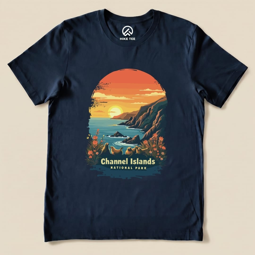 A navy graphic t-shirt features a colorful sunset over the ocean with the words "Channel Islands National Park" and playful seal illustrations.