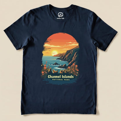 A navy graphic t-shirt features a colorful sunset over the ocean with the words "Channel Islands National Park" and playful seal illustrations.