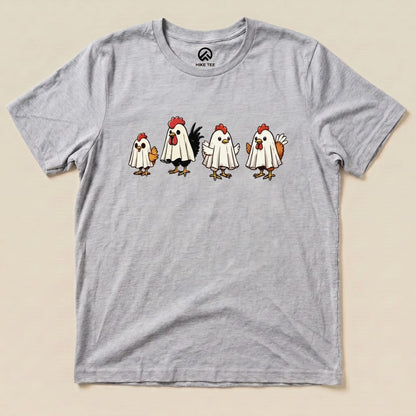 The Chicken Ghost Shirt features four cartoon chickens dressed as ghosts on a light gray graphic t-shirt.