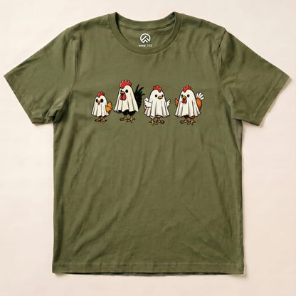 The Chicken Ghost Shirt features a fun graphic of four chickens wearing ghost costumes on an olive green graphic t-shirt.