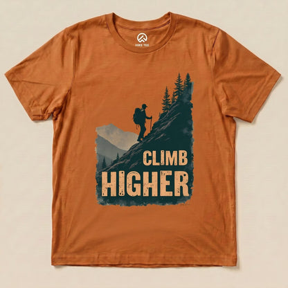 Autumn Climb Higher Shirt with a hiker climbing a mountain graphic
