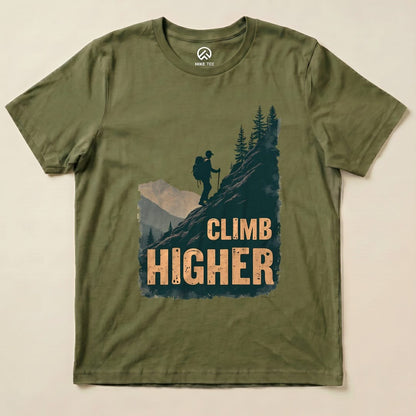 Military Green Climb Higher Shirt with a hiker climbing a mountain graphic