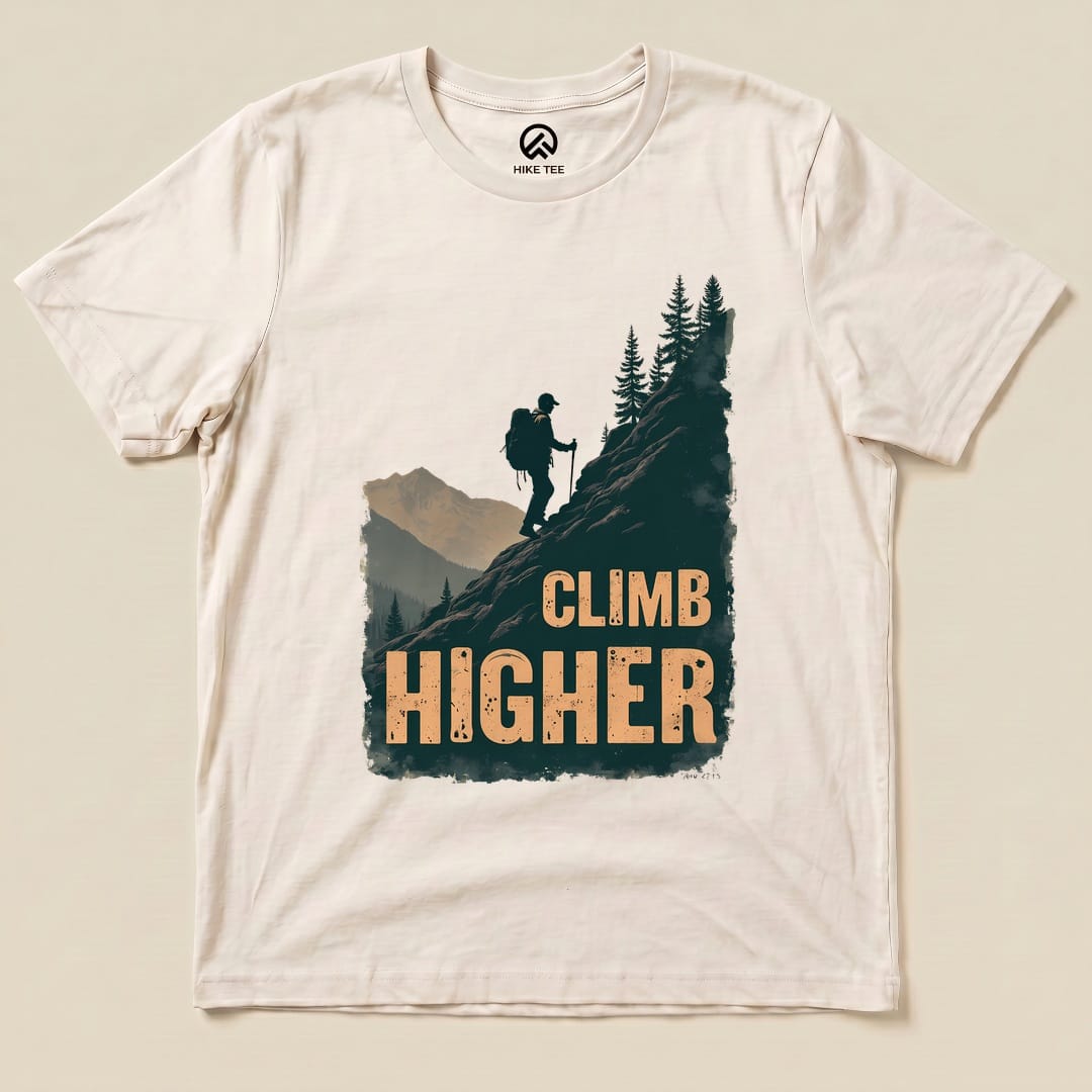 Natural Climb Higher Shirt with a hiker climbing a mountain graphic