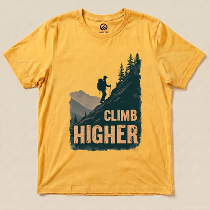 Yellow Gold Climb Higher Shirt with a hiker climbing a mountain graphic