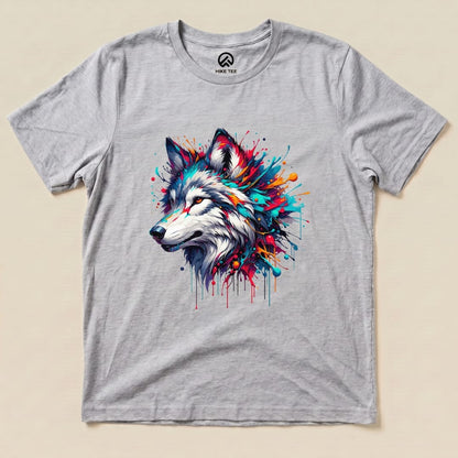A graphic t-shirt featuring a colorful wolf design with splashes of paint on a light gray background, labeled as "Colorful Wolf Shirt.