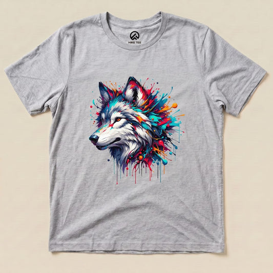 A graphic t-shirt featuring a colorful wolf design with splashes of paint on a light gray background, labeled as "Colorful Wolf Shirt.