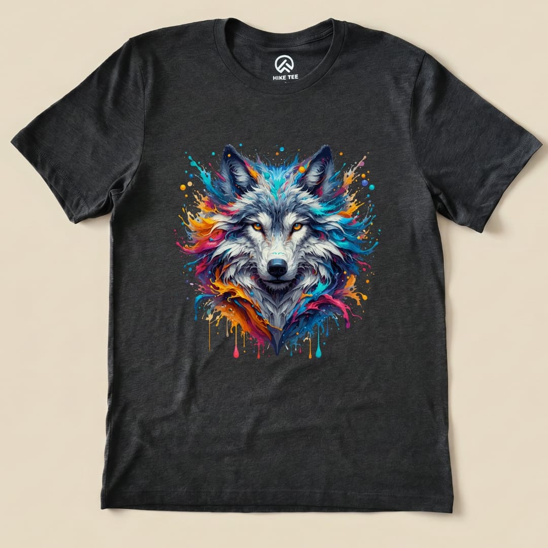 A graphic t-shirt featuring a colorful wolf design with vibrant splashes of paint on a charcoal background.
