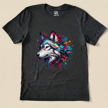 A colorful wolf design with vibrant splashes is featured on this graphic t-shirt from Hike Tee.